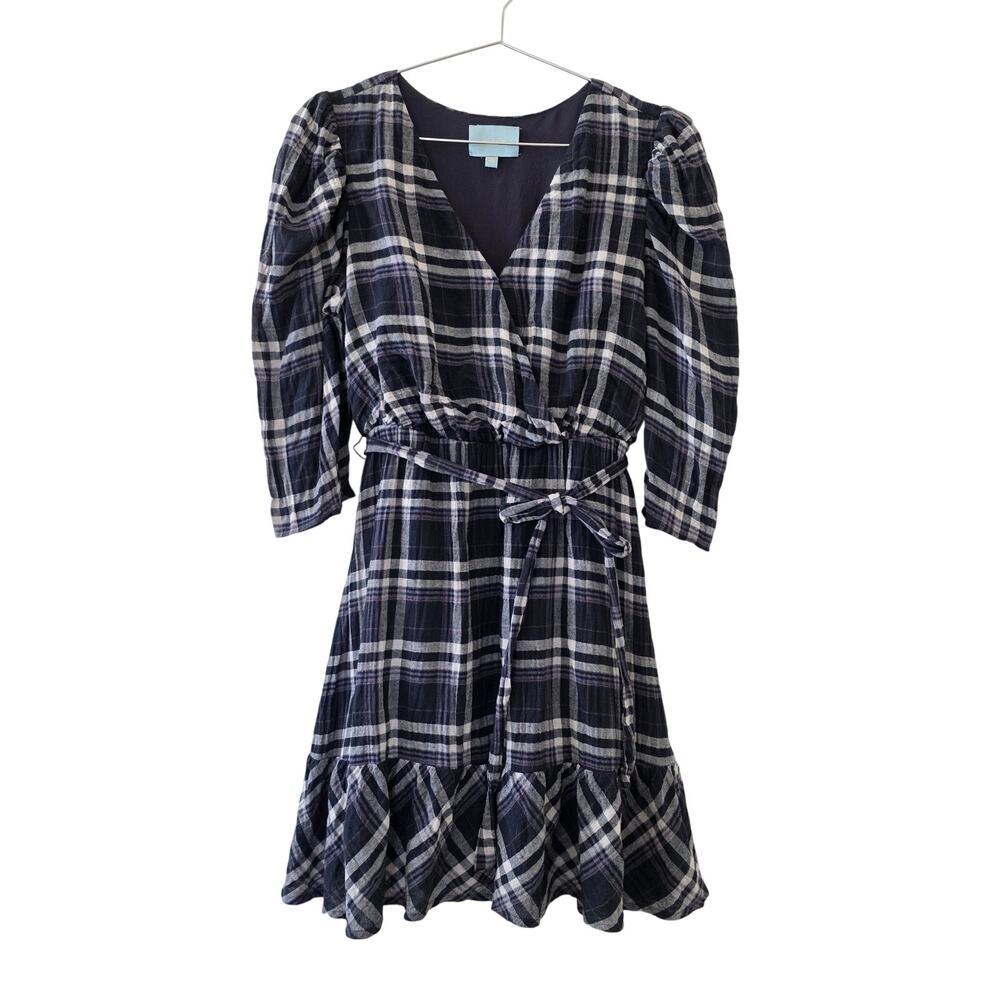 Skies Are Blue Plaid Wrap Dress Black White Women Size S Cotton Blend Ruffle hem